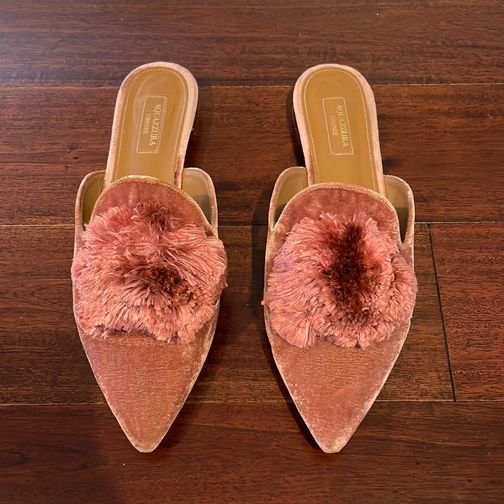 AQUAZZURA Powder Puff Pompom Mule Flat, Pink, Size 40